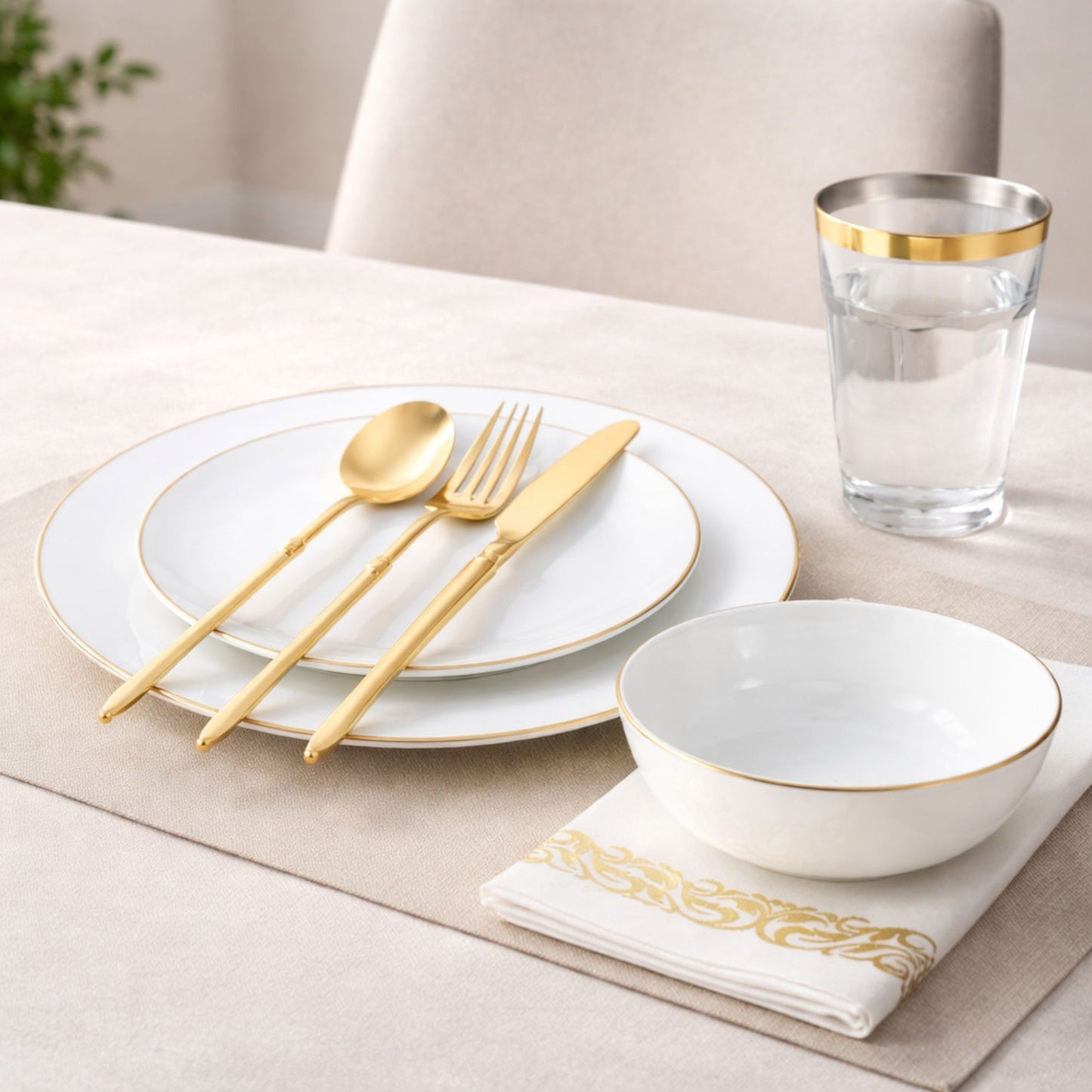 White With Gold Rim Plastic Dinnerware Set- Elegant Party Pack-Organic Disposable Tableware Decorline