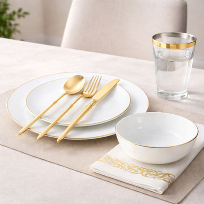 White With Gold Rim Plastic Dinnerware Set- Elegant Party Pack-Organic Disposable Tableware Decorline