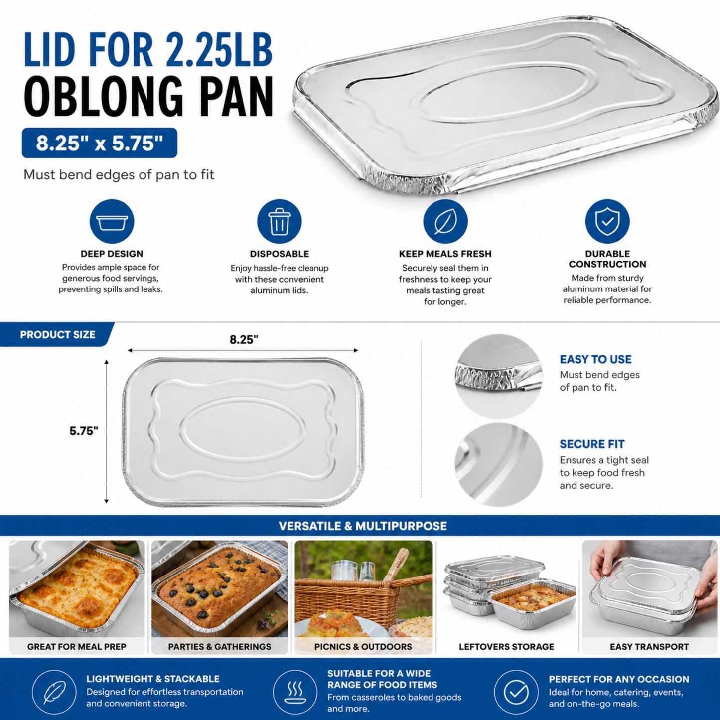 *WHOLESALE* 2.25Lb Oblong Aluminum Lid For Pan 8.25" x 5.75" 240/Case(Must bend edges of pan to fit) Disposable Food Container Lids VeZee