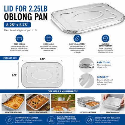 *WHOLESALE* 2.25Lb Oblong Aluminum Lid For Pan 8.25" x 5.75" 240/Case(Must bend edges of pan to fit) Disposable Food Container Lids VeZee