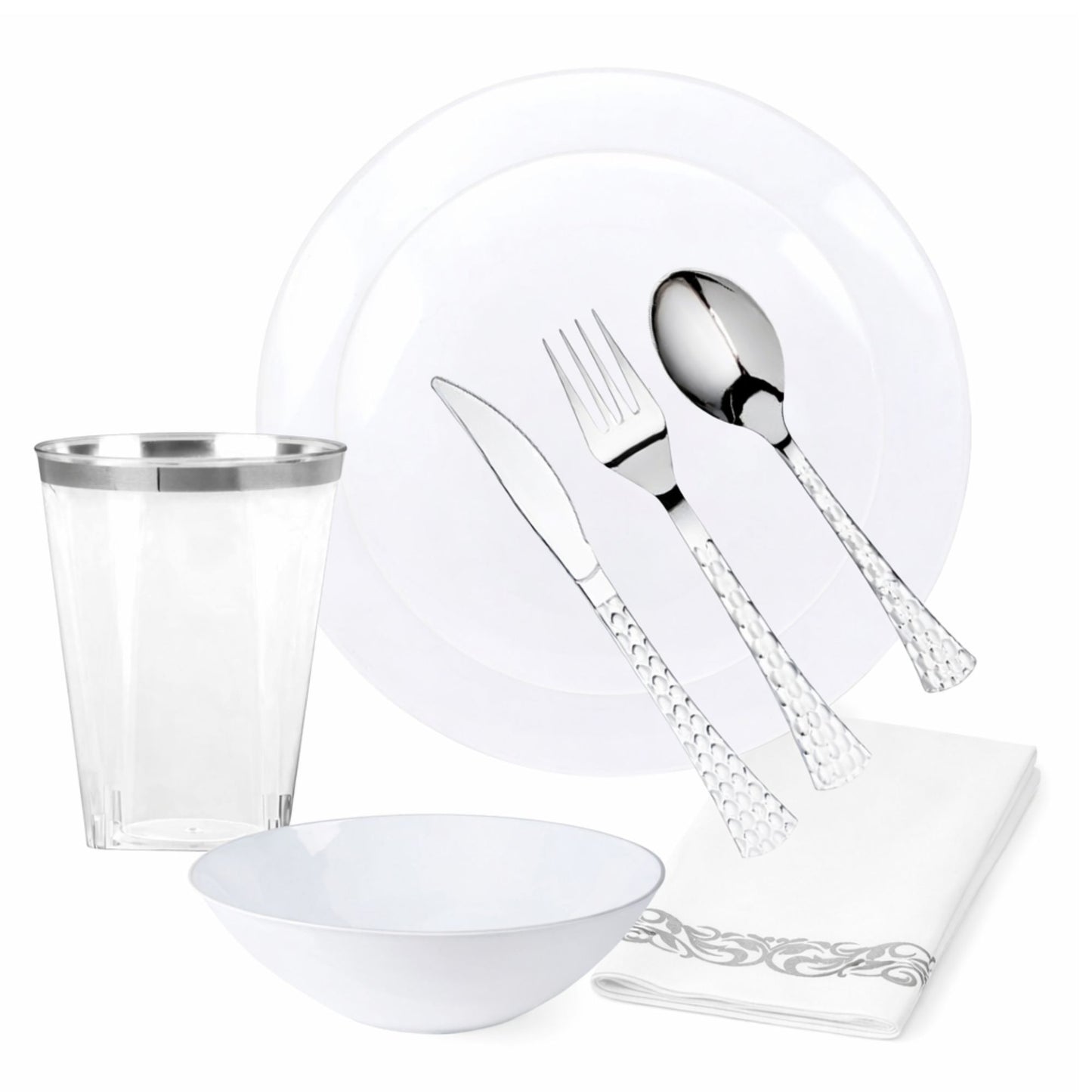 White Plastic Dinnerware Set- Elegant Party Pack-Organic Disposable Tableware Decorline