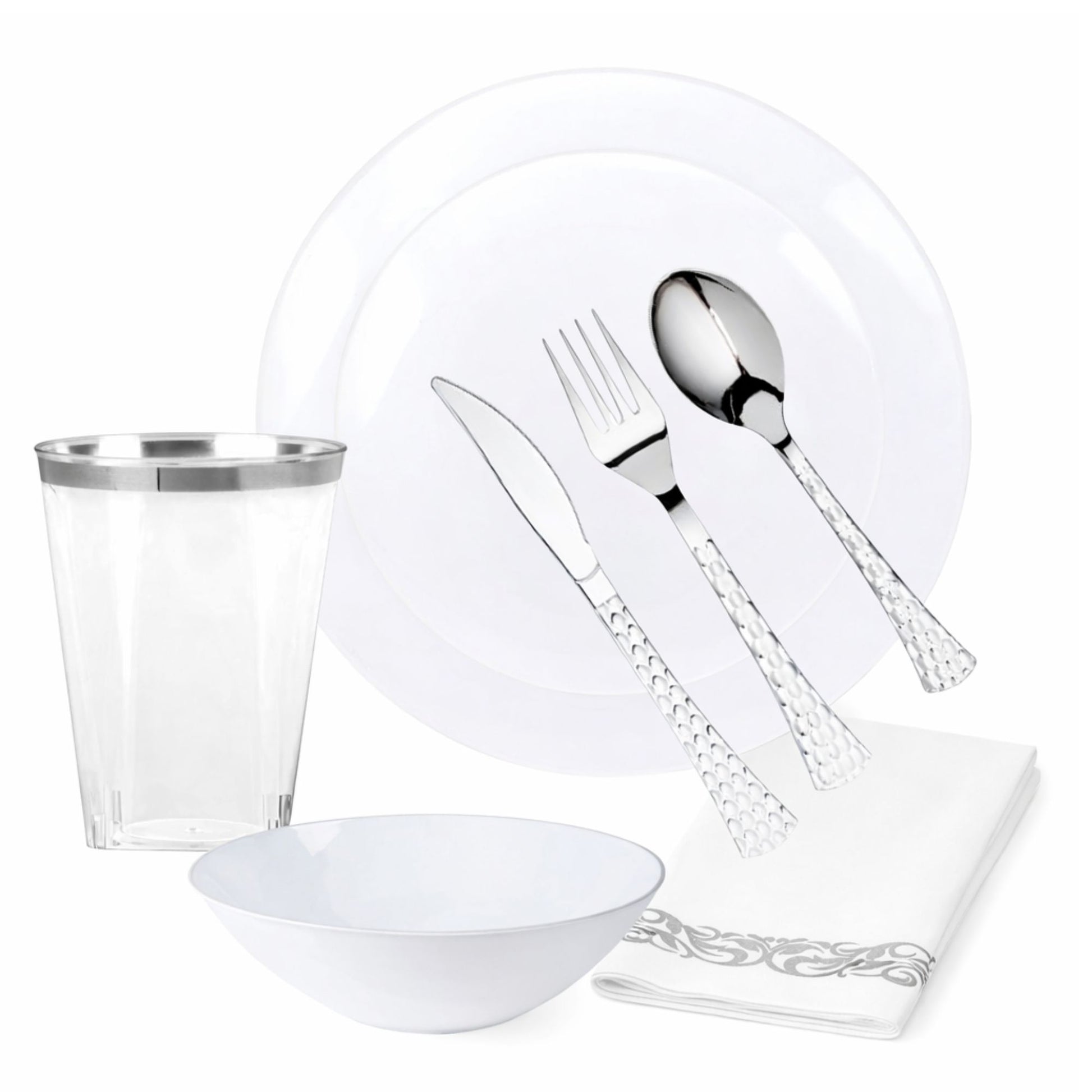White Plastic Dinnerware Set- Elegant Party Pack-Organic Disposable Tableware Decorline