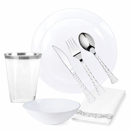 White Plastic Dinnerware Set- Elegant Party Pack-Organic Disposable Tableware Decorline