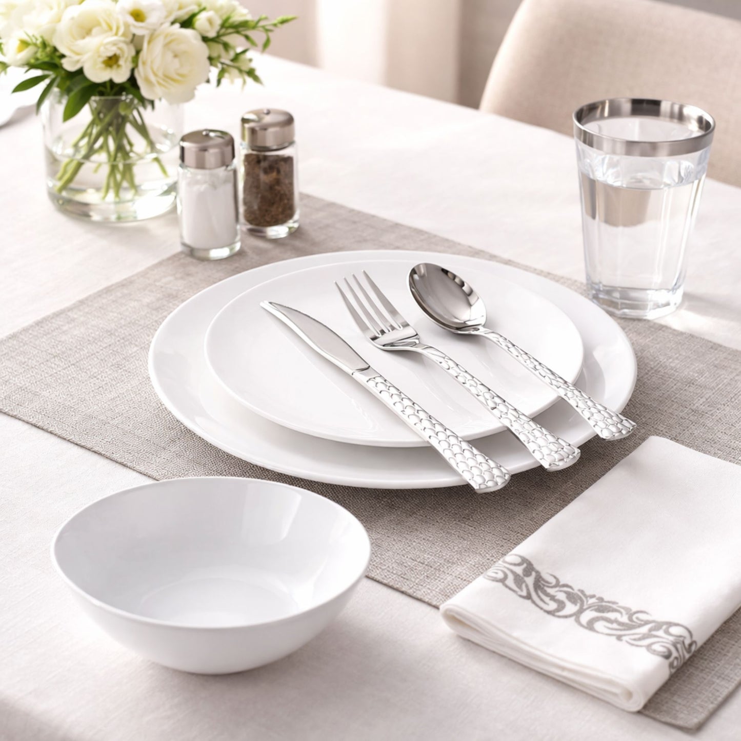 White Plastic Dinnerware Set- Elegant Party Pack-Organic Disposable Tableware Decorline