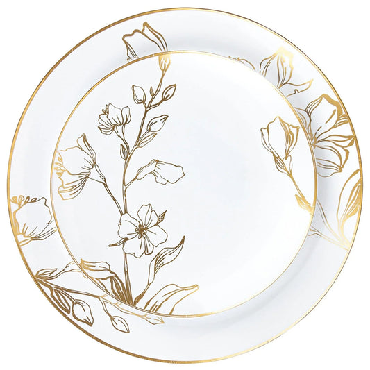 10"&7.5" White & Gold Floral Disposable Plastic Plates COMBO Set-Antique