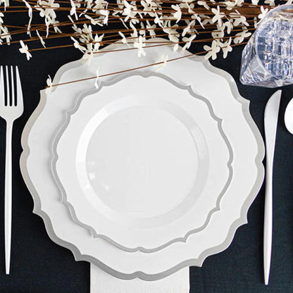 10"&7" White & Silver Plastic Plates Combo Set: Contemporary