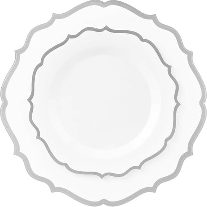 10"&7" White & Silver Plastic Plates Combo Set: Contemporary