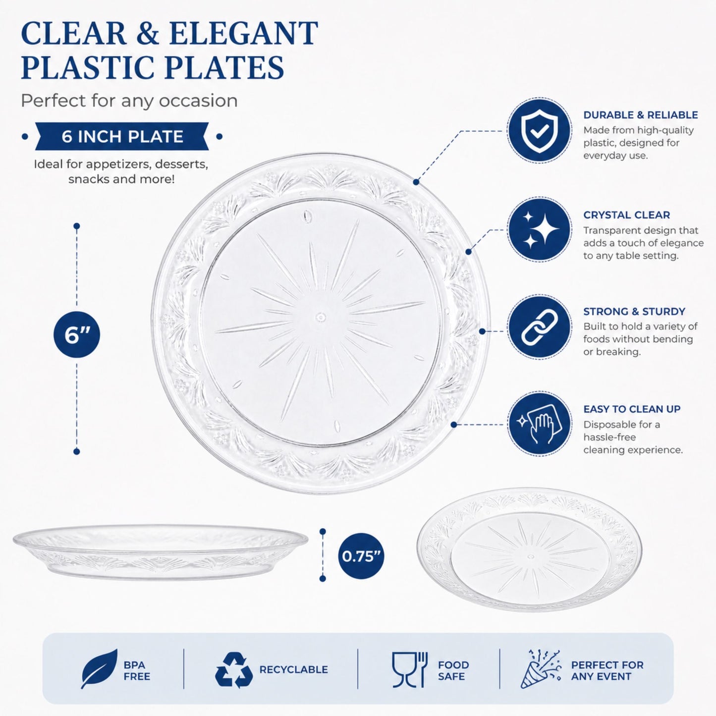 *JUMBO PACK* 6" Plastic Plates Clear Disposable Disposable Plates Blue Sky