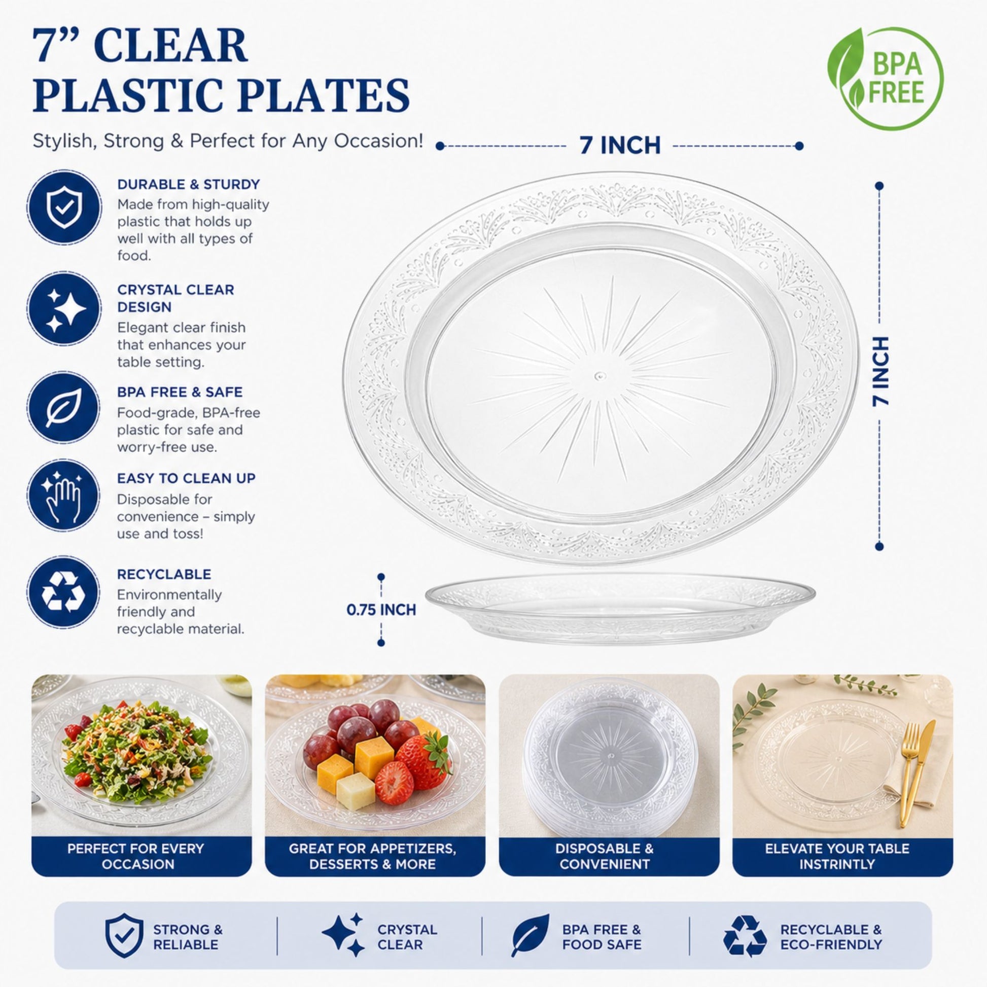 *JUMBO PACK* 7" Plastic Plates Clear Disposable Disposable Plates Blue Sky