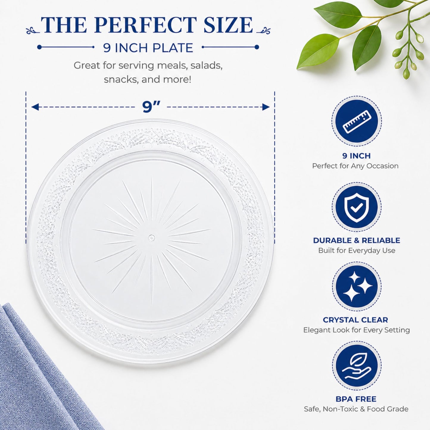 *JUMBO PACK* 9" Plastic Plates Clear Disposable Disposable Plates Blue Sky