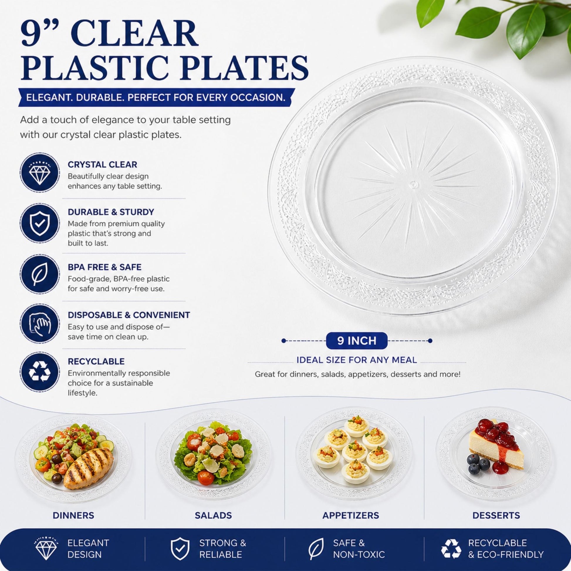 *JUMBO PACK* 9" Plastic Plates Clear Disposable Disposable Plates Blue Sky
