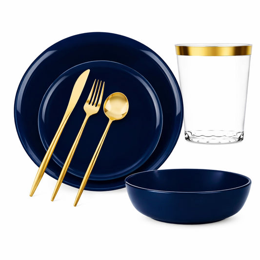 Navy Blue Disposable Dinnerware Set – Elegant Party Pack: Edge Disposable Tableware Decorline