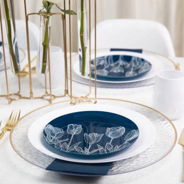 Combo set 10.25in. & 7.5in. Navy & White Tulip Round Plastic Dinnerware Set Elegant Plates Blue Sky   