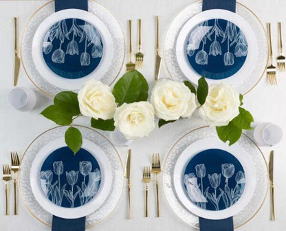 Combo set 10.25in. & 7.5in. Navy & White Tulip Round Plastic Dinnerware Set Elegant Plates Blue Sky   