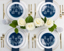 Combo Navy & White Tulip Round Plastic Dinnerware Set Elegant Plates Blue Sky   
