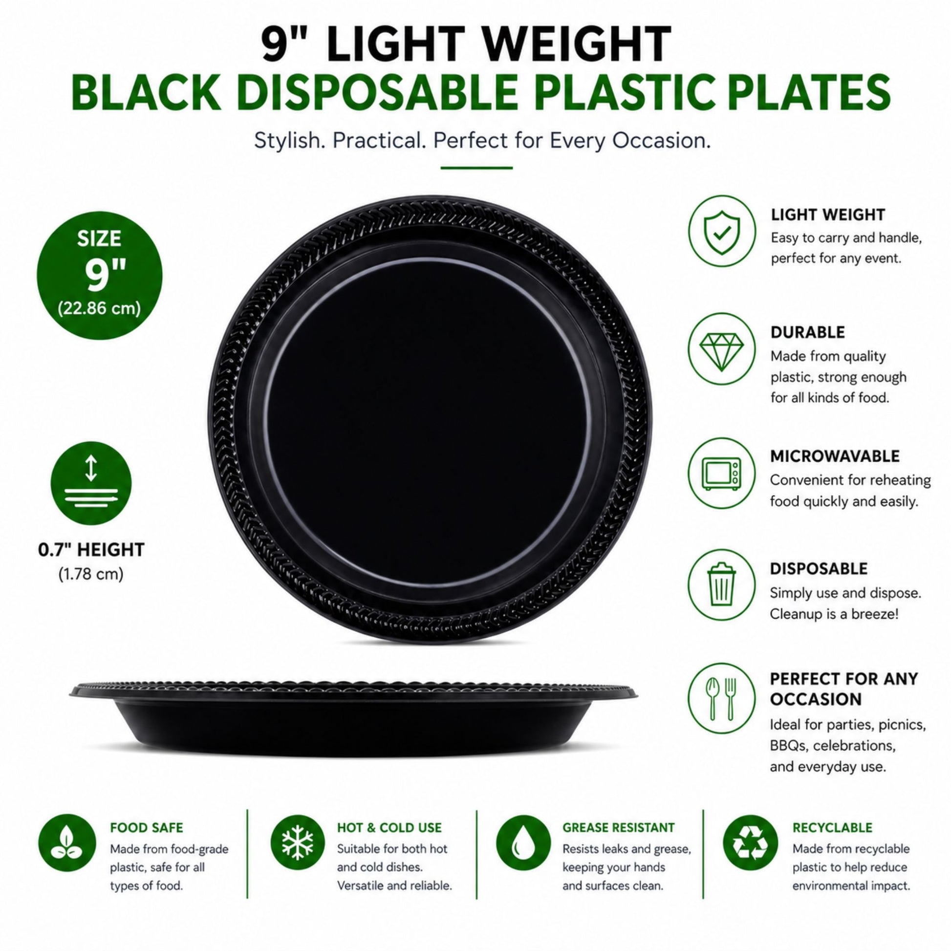 *BUY BULK* 9" Light Weight Black Disposable Plastic Plates Disposable Plates Blue Sky