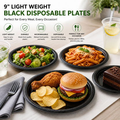 *BUY BULK* 9" Light Weight Black Disposable Plastic Plates Disposable Plates Blue Sky