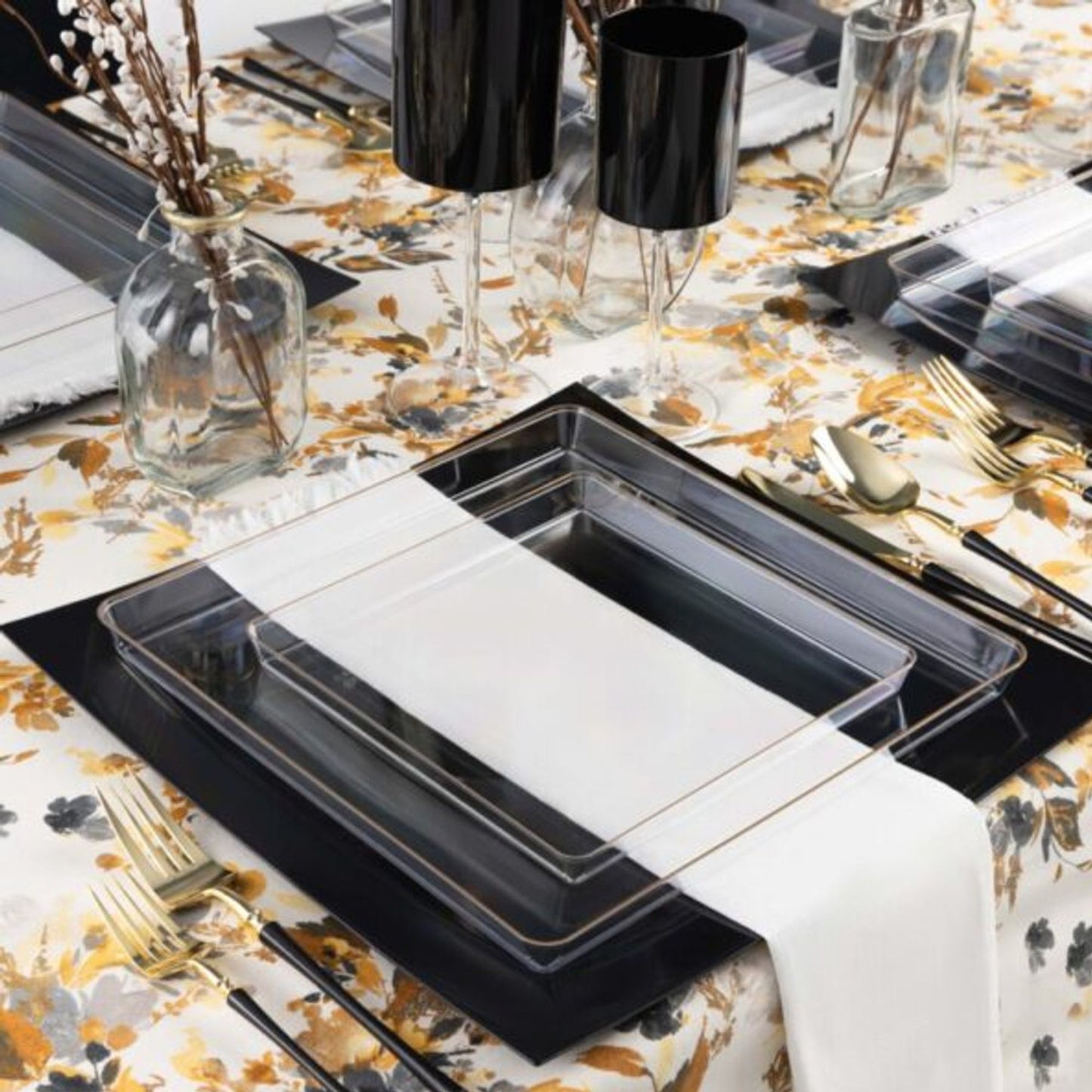 The Edge Collection 7.75" Clear with Gold Rim Square Plastic Plates Disposable Plates SIMCHA Collection