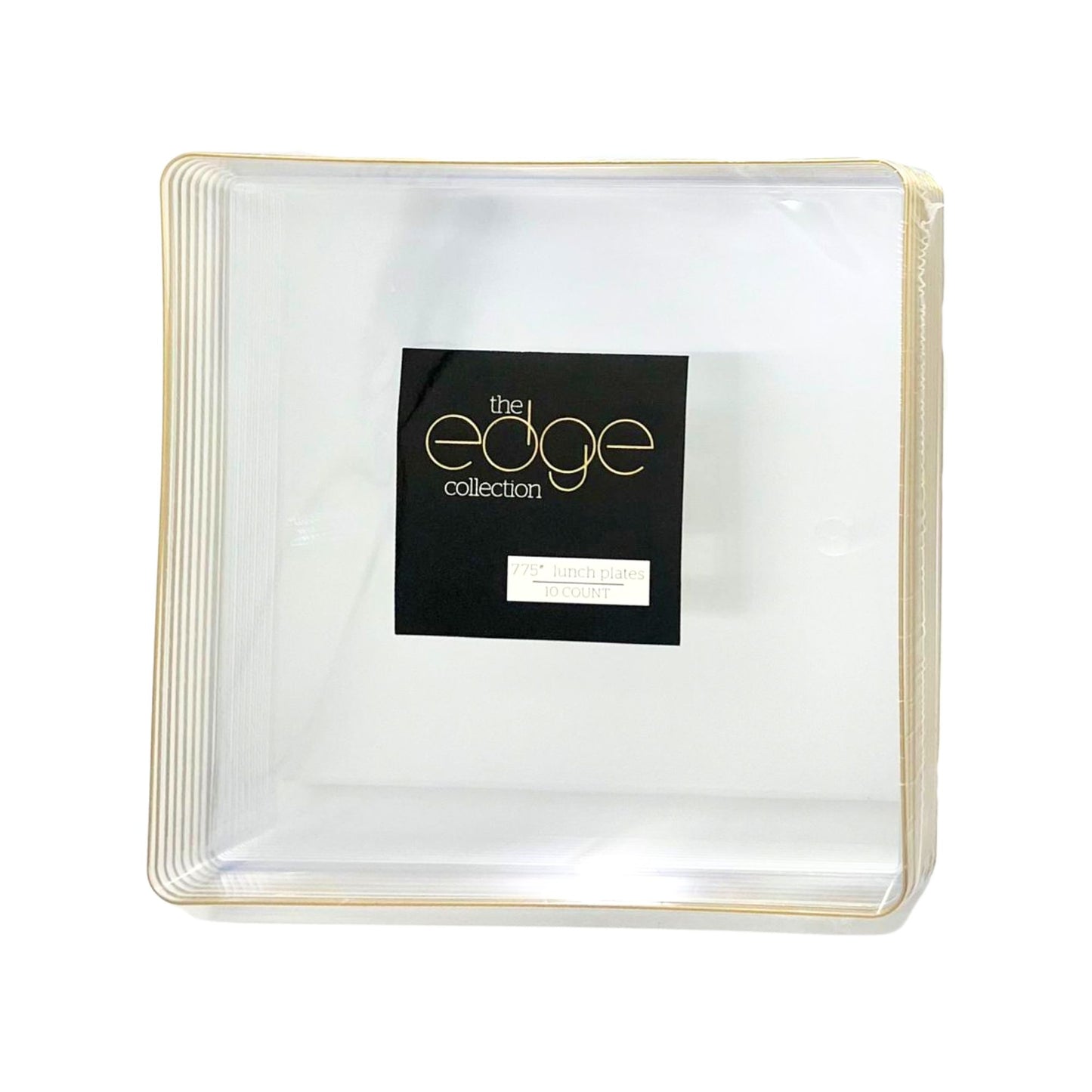 The Edge Collection 7.75" Clear with Gold Rim Square Plastic Plates Disposable Plates SIMCHA Collection