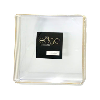 The Edge Collection 7.75" Clear with Gold Rim Square Plastic Plates Disposable Plates SIMCHA Collection