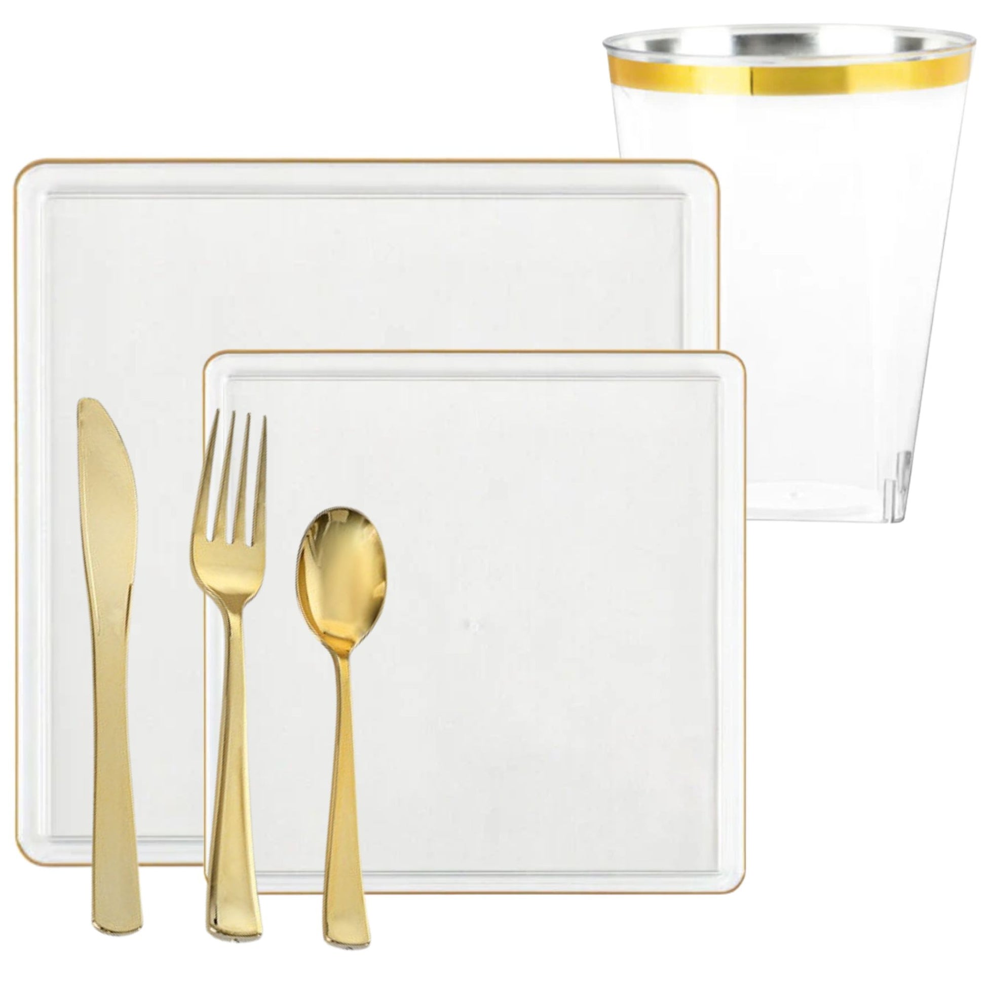 *BUY BULK* The Edge Collection Elegant Clear with Gold Rim Square Dinner Tableware COMBO Set Dinnerware Sets SIMCHA Collection