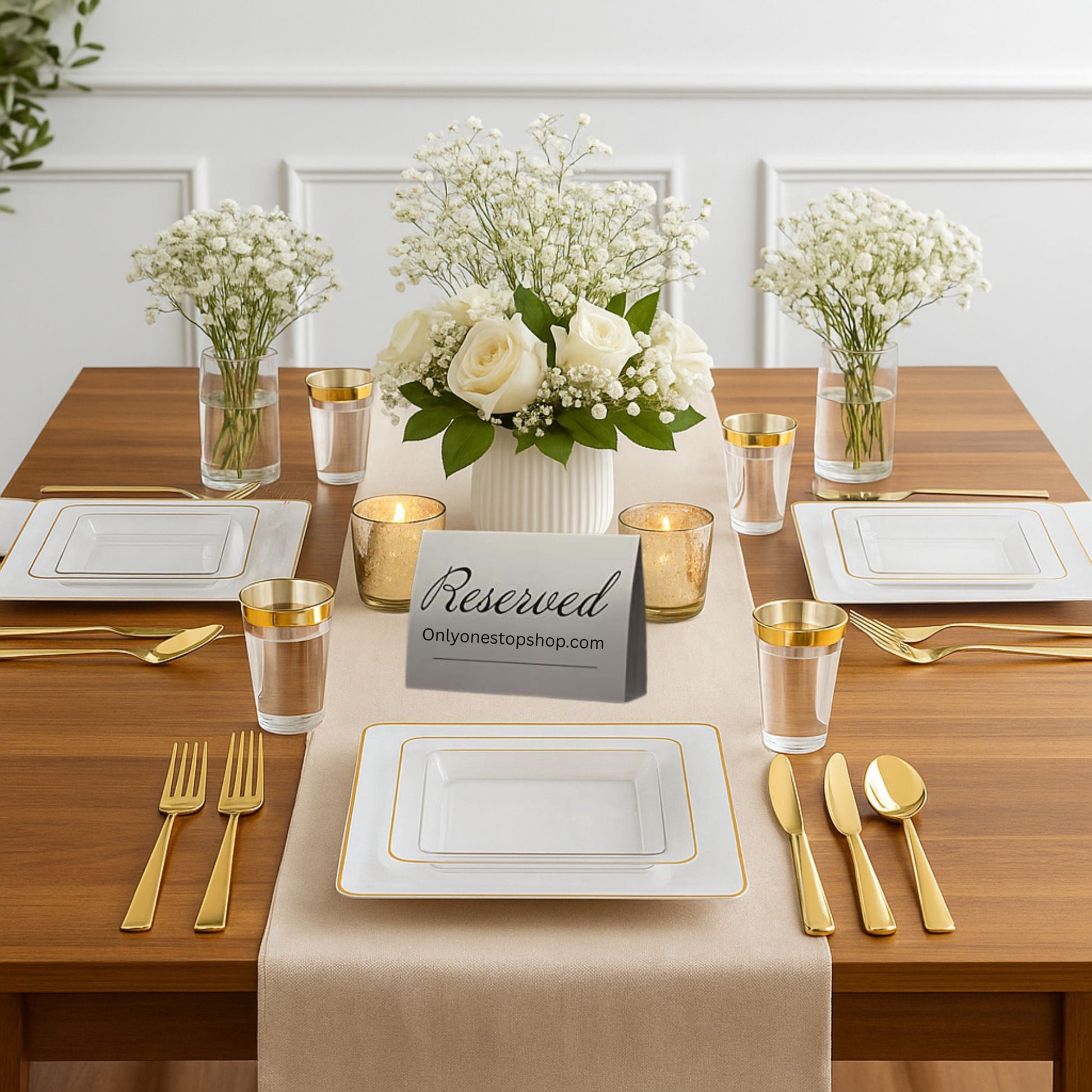 COMBO SET The Edge Collection 10.75" & 7.75" Square White With Gold Rim Plastic Dinnerware Combo Disposable Plates SIMCHA Collection