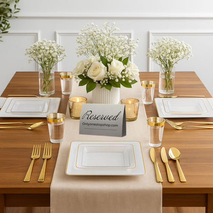 COMBO SET The Edge Collection 10.75" & 7.75" Square White With Gold Rim Plastic Dinnerware Combo Disposable Plates SIMCHA Collection