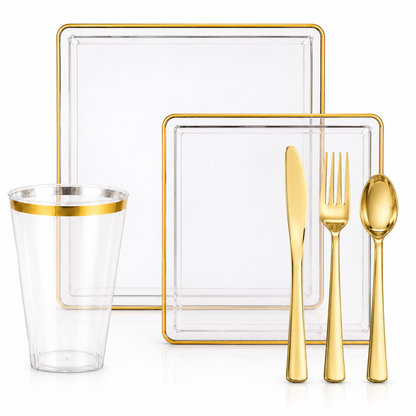 Square Clear & Gold Rim Plastic Dinnerware Set Value Pack-Edge Dinnerware Sets SIMCHA Collection