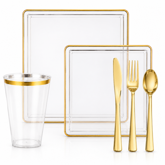 Square Clear & Gold Rim Plastic Dinnerware Set Value Pack-Edge Dinnerware Sets SIMCHA Collection