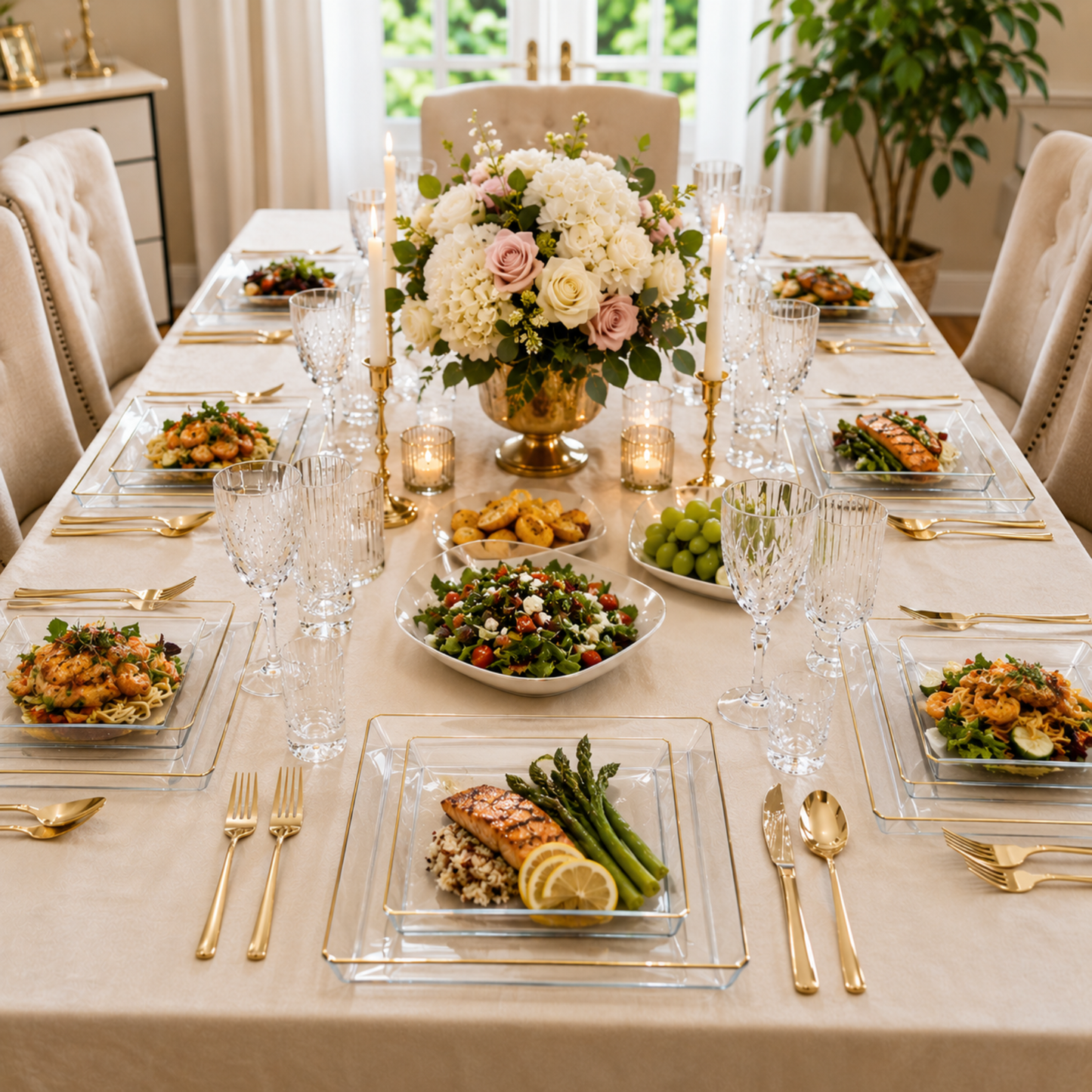 Square Clear & Gold Rim Plastic Dinnerware Set Value Pack-Edge Dinnerware Sets SIMCHA Collection