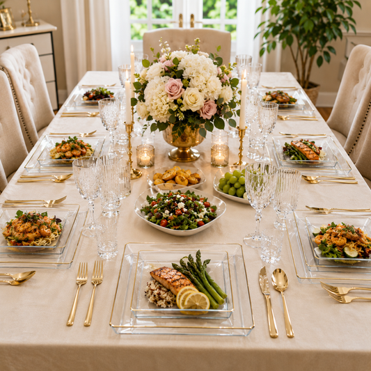 Square Clear & Gold Rim Plastic Dinnerware Set Value Pack-Edge Dinnerware Sets SIMCHA Collection