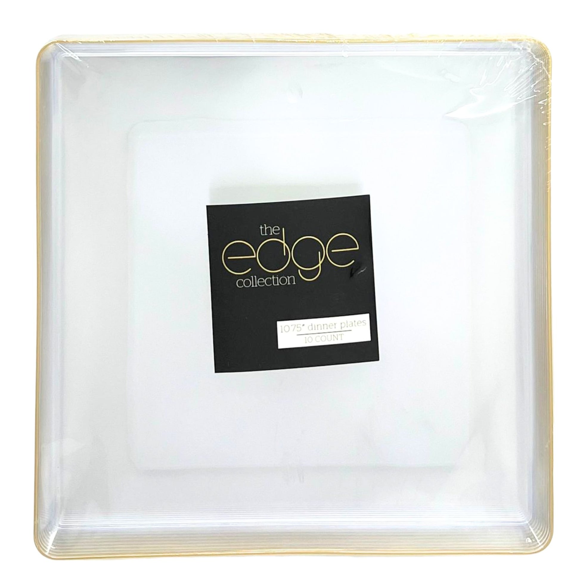 The Edge Collection 10.75" Clear with Gold Rim Square Plastic Dinner Plates Disposable Plates SIMCHA Collection