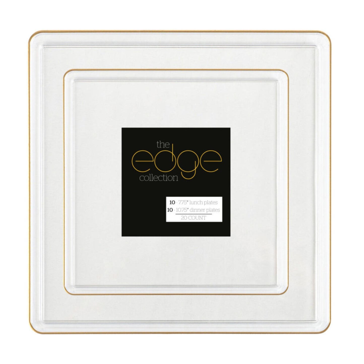 COMBO SET The Edge Collection 10.75" & 7.75" Square Clear With Gold Rim Plastic Dinnerware Combo Disposable Plates SIMCHA Collection