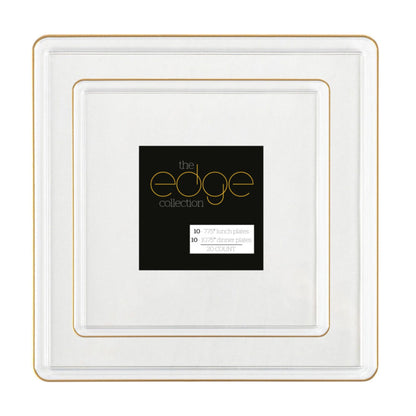 COMBO SET The Edge Collection 10.75" & 7.75" Square Clear With Gold Rim Plastic Dinnerware Combo Disposable Plates SIMCHA Collection