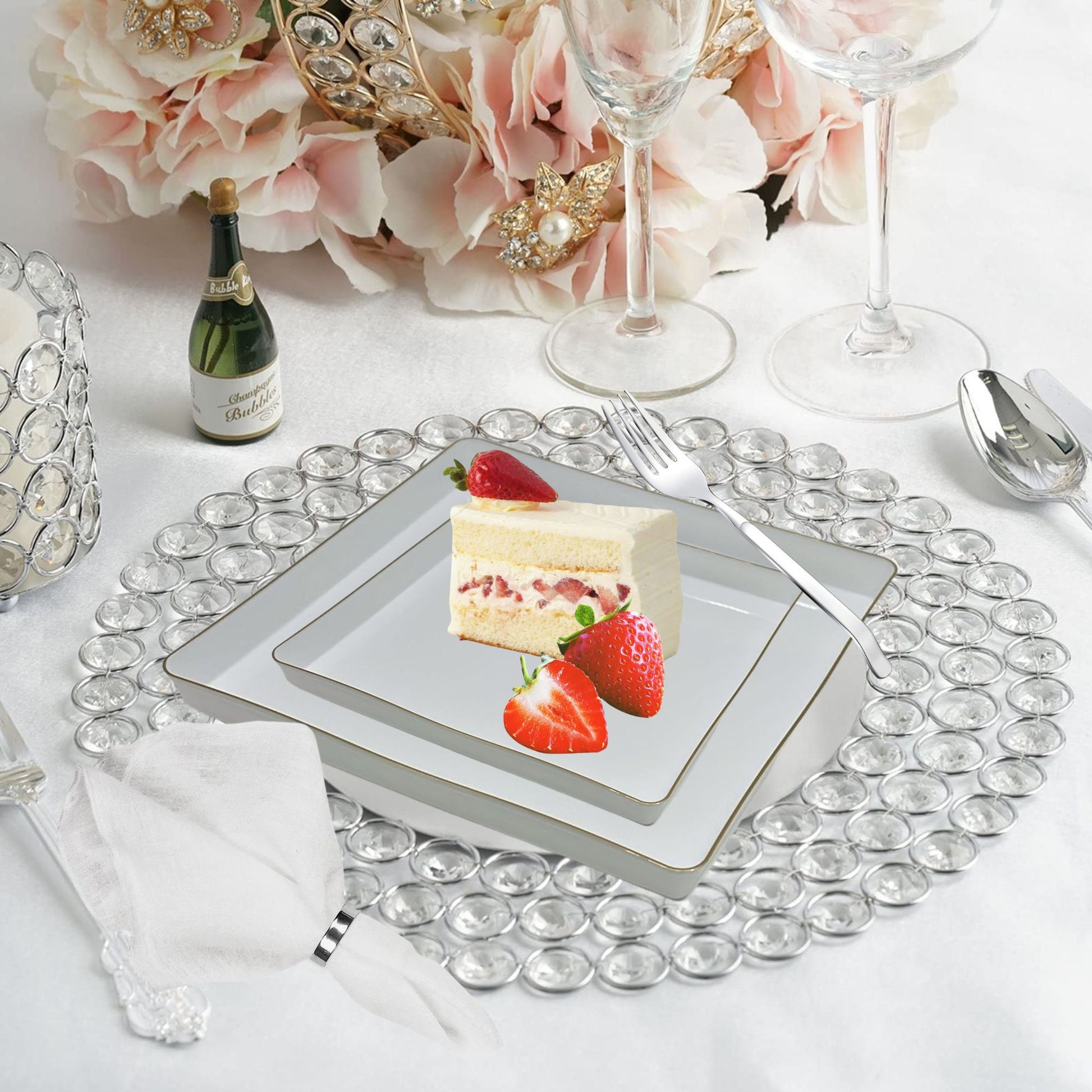 The Edge Collection 10.75" Transparent White with Gold Rim Square Plastic Dinner Plates Disposable Plates SIMCHA Collection