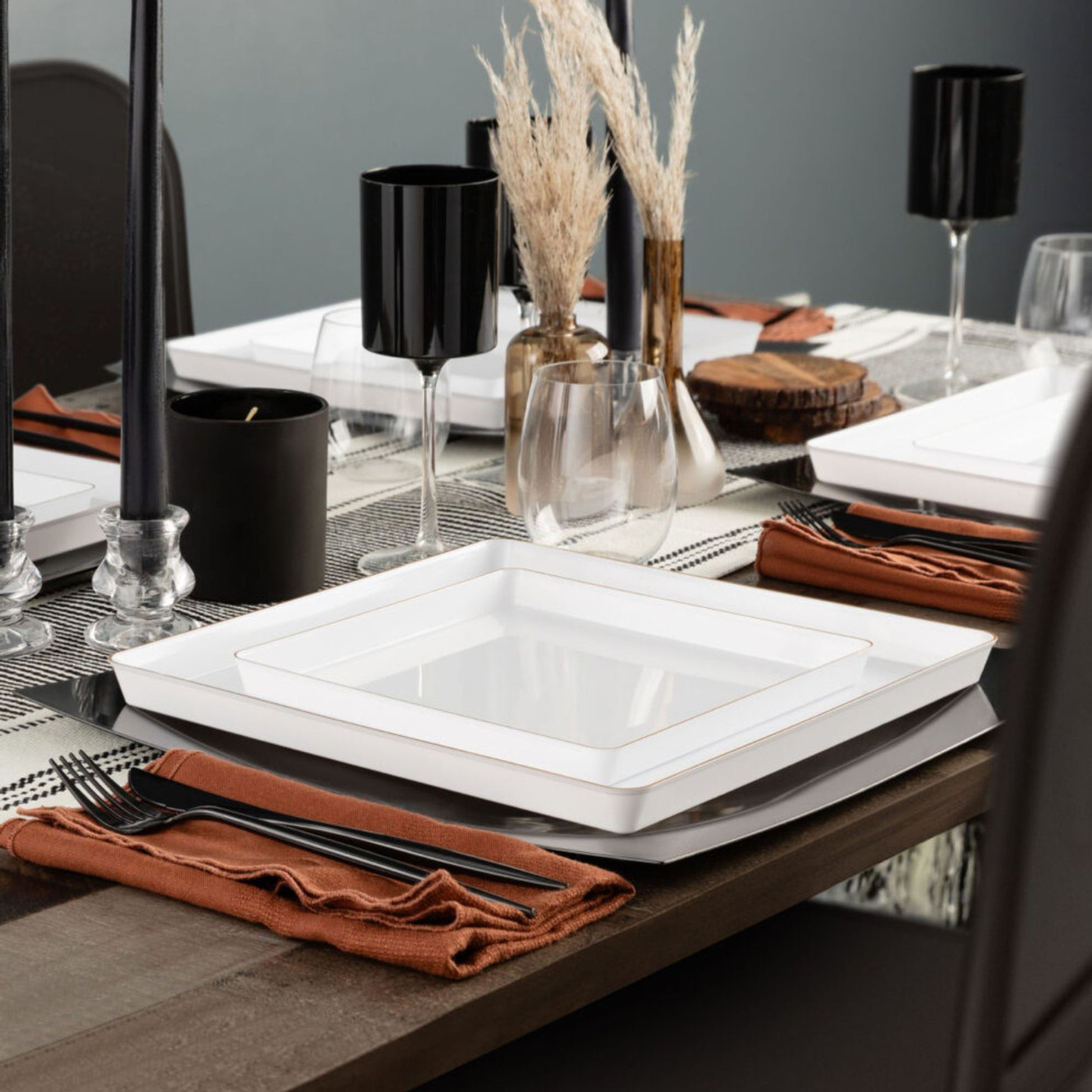 The Edge Collection 10.75" Transparent White with Gold Rim Square Plastic Dinner Plates Disposable Plates SIMCHA Collection