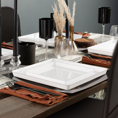 The Edge Collection 10.75" Transparent White with Gold Rim Square Plastic Dinner Plates Disposable Plates SIMCHA Collection