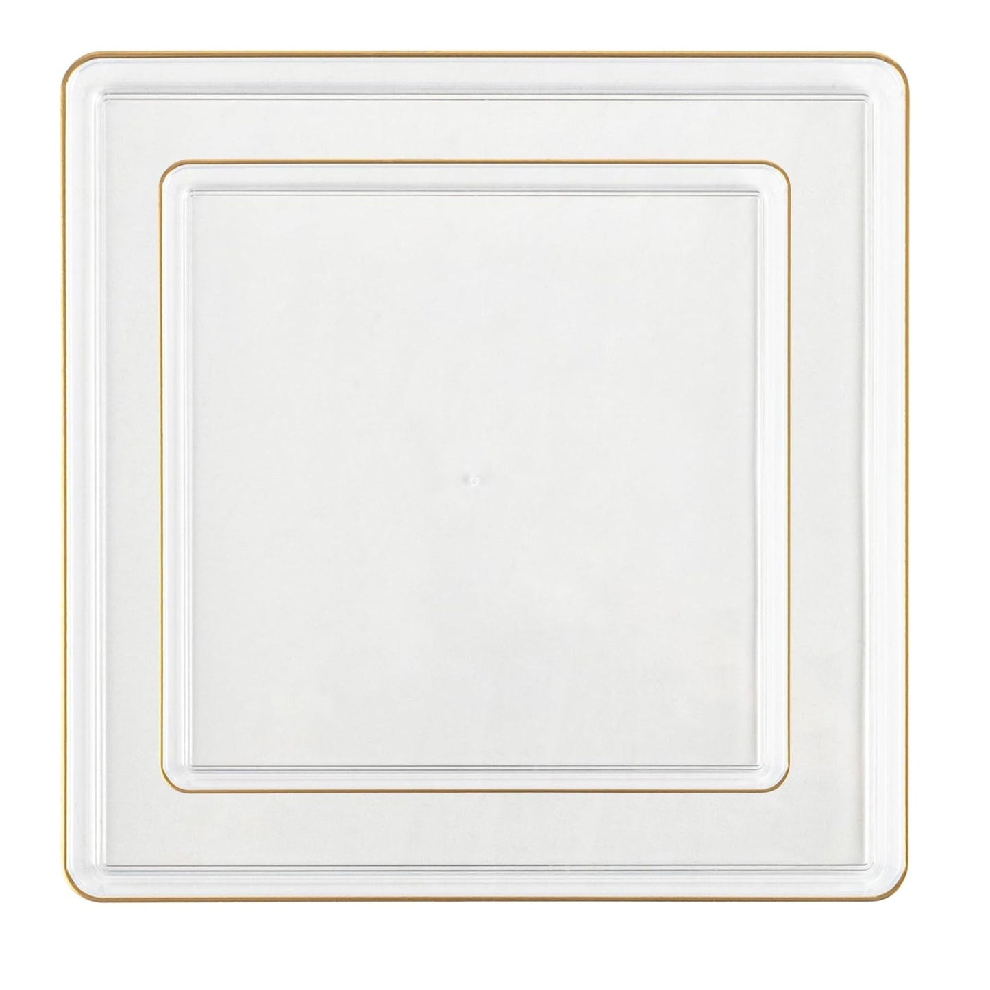 The Edge Collection 10.75" Transparent White with Gold Rim Square Plastic Dinner Plates Disposable Plates SIMCHA Collection