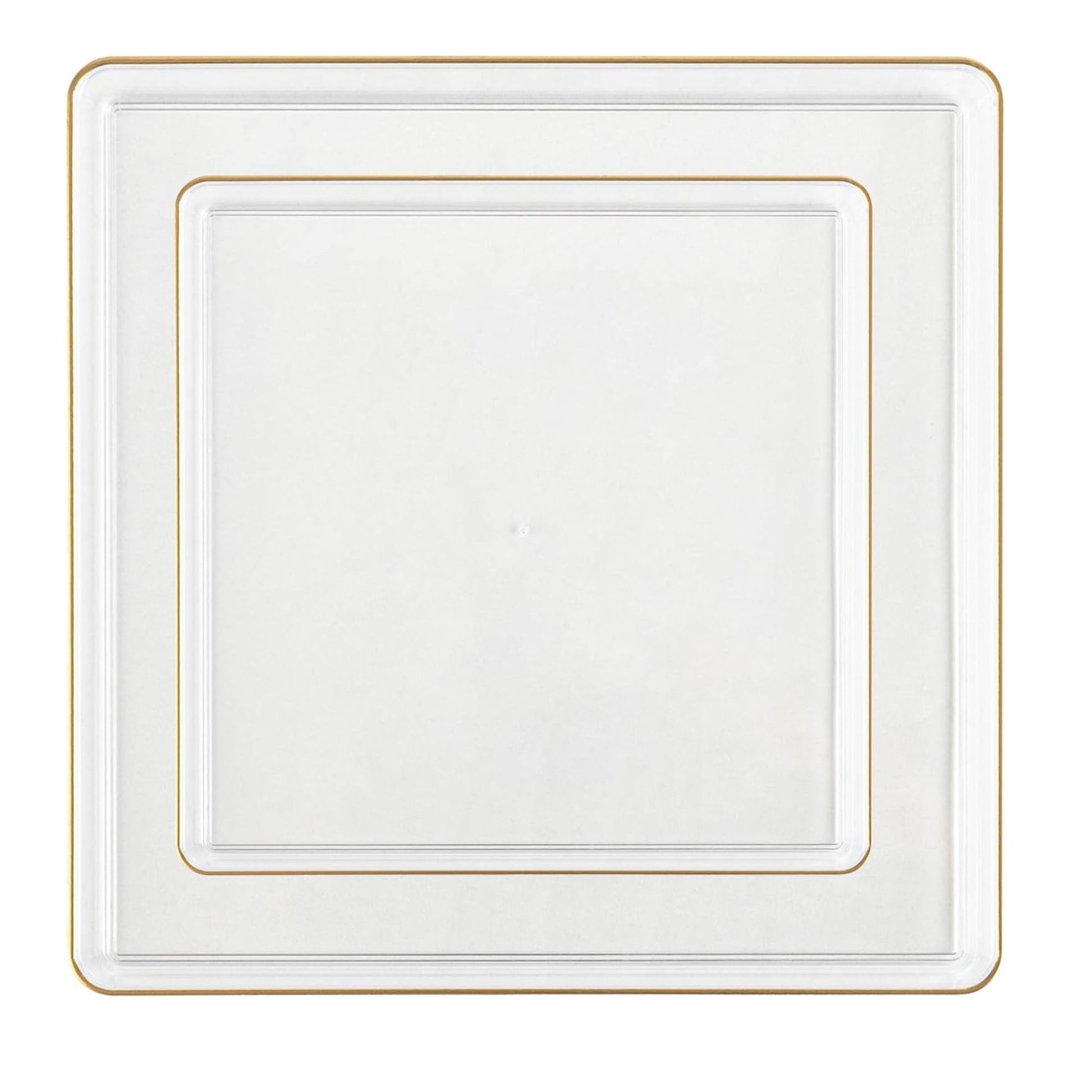 The Edge Collection 10.75" Transparent White with Gold Rim Square Plastic Dinner Plates Disposable Plates SIMCHA Collection