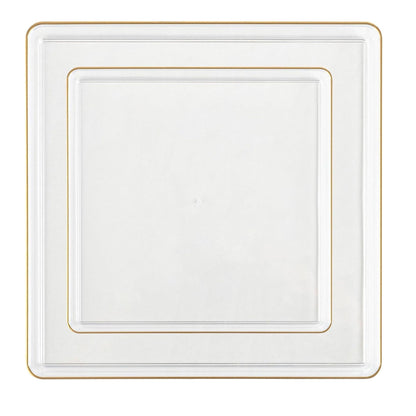 The Edge Collection 10.75" Transparent White with Gold Rim Square Plastic Dinner Plates Disposable Plates SIMCHA Collection