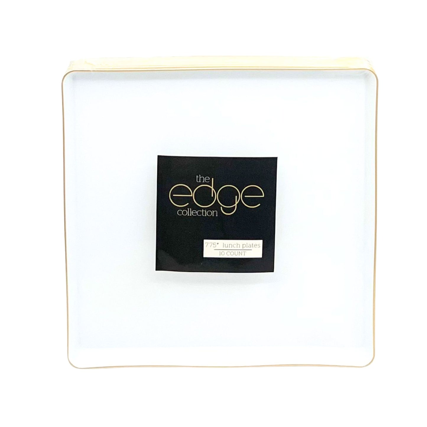 The Edge Collection 7.75" Transparent White with Gold Rim Square Plastic Plates Disposable Plates SIMCHA Collection