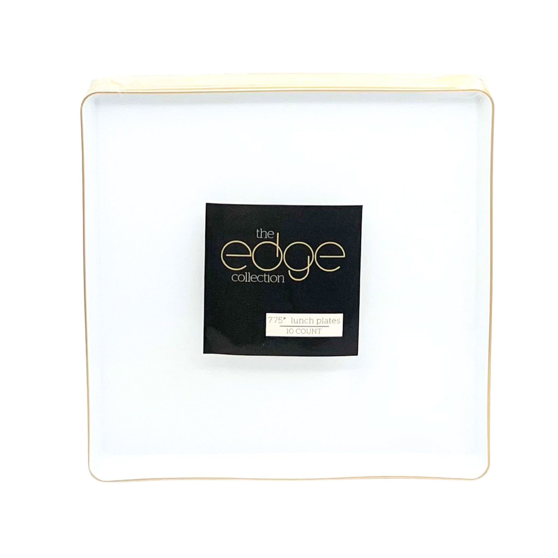 The Edge Collection 7.75" Transparent White with Gold Rim Square Plastic Plates Disposable Plates SIMCHA Collection