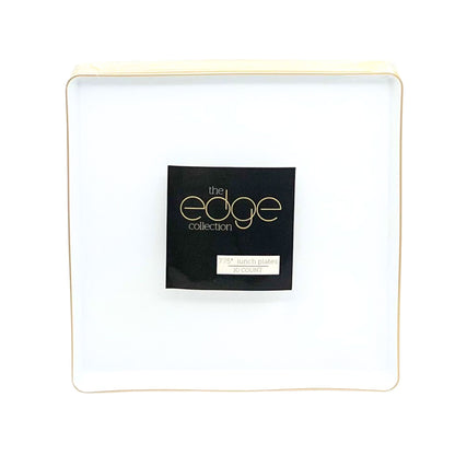 The Edge Collection 7.75" Transparent White with Gold Rim Square Plastic Plates Disposable Plates SIMCHA Collection