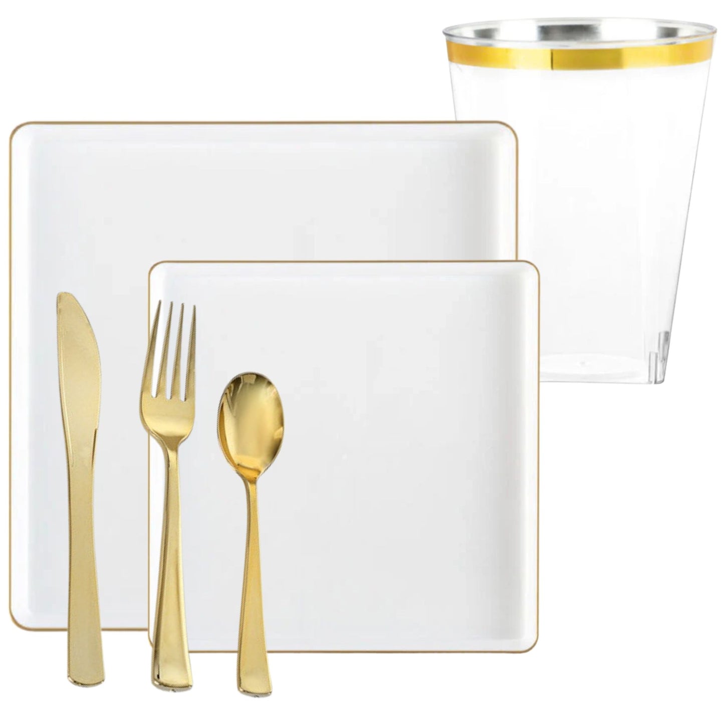 *BUY BULK* The Edge Collection Elegant Transparent White with Gold Rim Square Dinner Tableware COMBO Set Dinnerware Sets SIMCHA Collection
