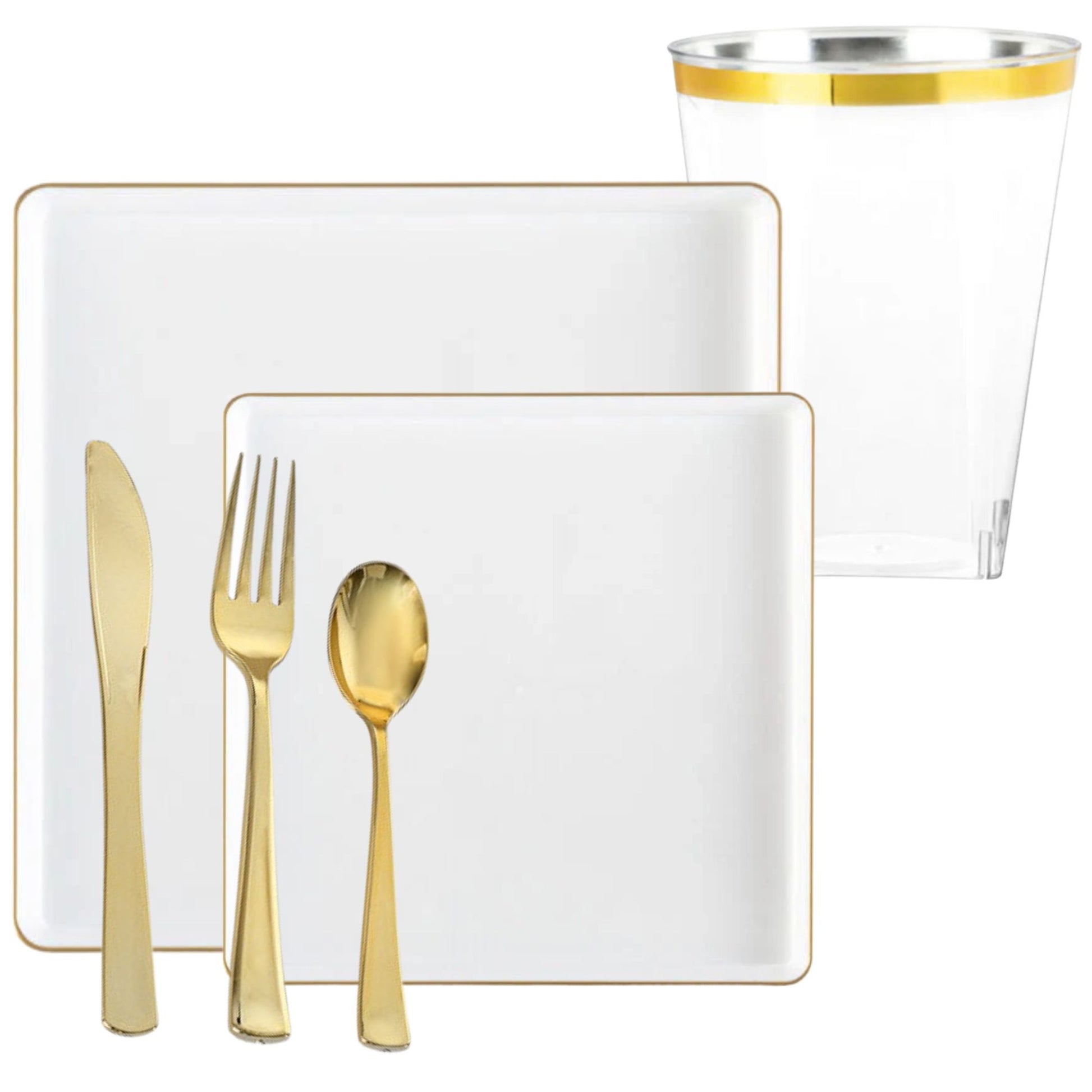*BUY BULK* The Edge Collection Elegant Transparent White with Gold Rim Square Dinner Tableware COMBO Set Dinnerware Sets SIMCHA Collection
