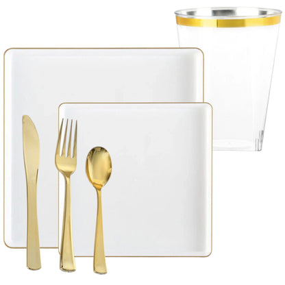 *BUY BULK* The Edge Collection Elegant Transparent White with Gold Rim Square Dinner Tableware COMBO Set Dinnerware Sets SIMCHA Collection