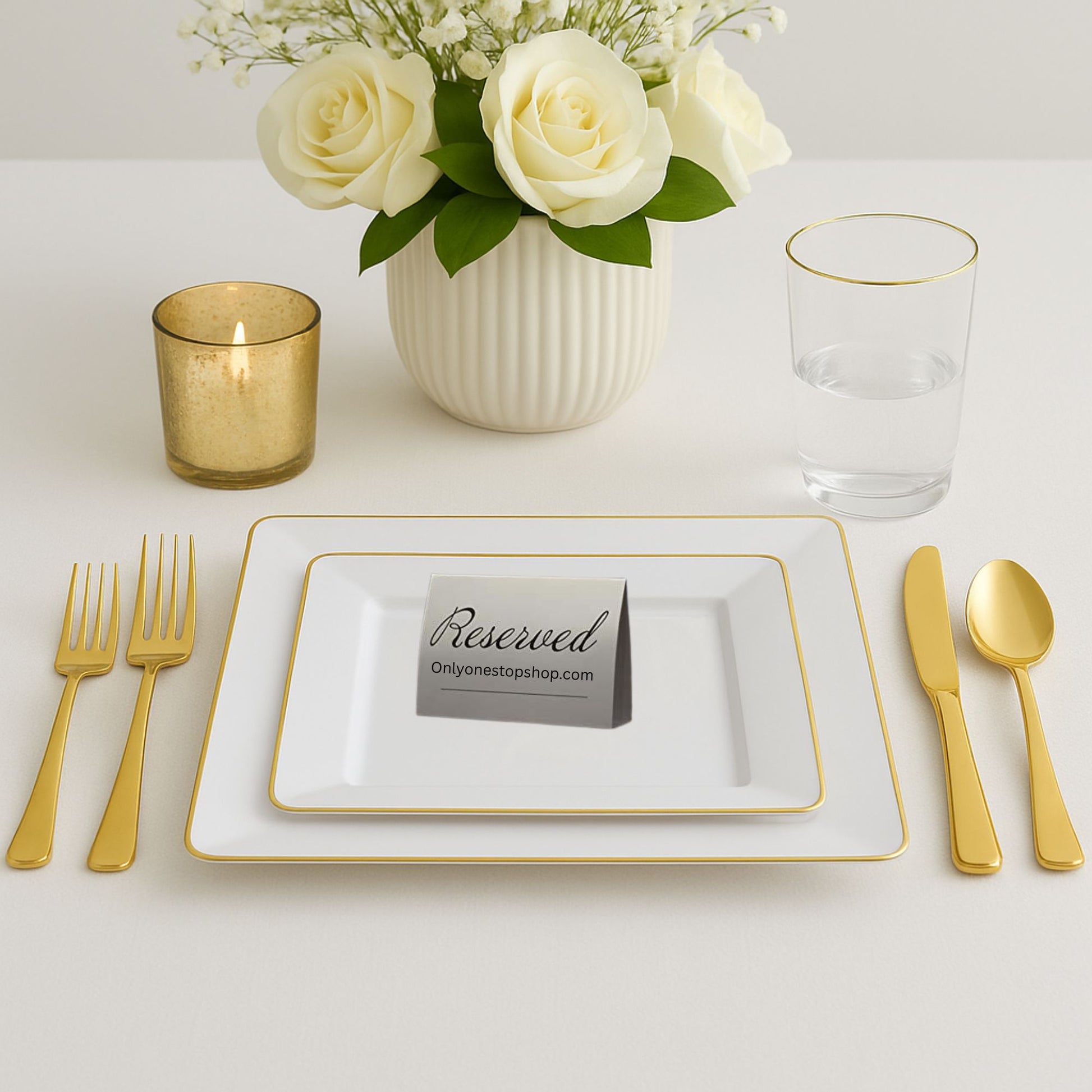 COMBO SET The Edge Collection 10.75" & 7.75" Square White With Gold Rim Plastic Dinnerware Combo Disposable Plates SIMCHA Collection