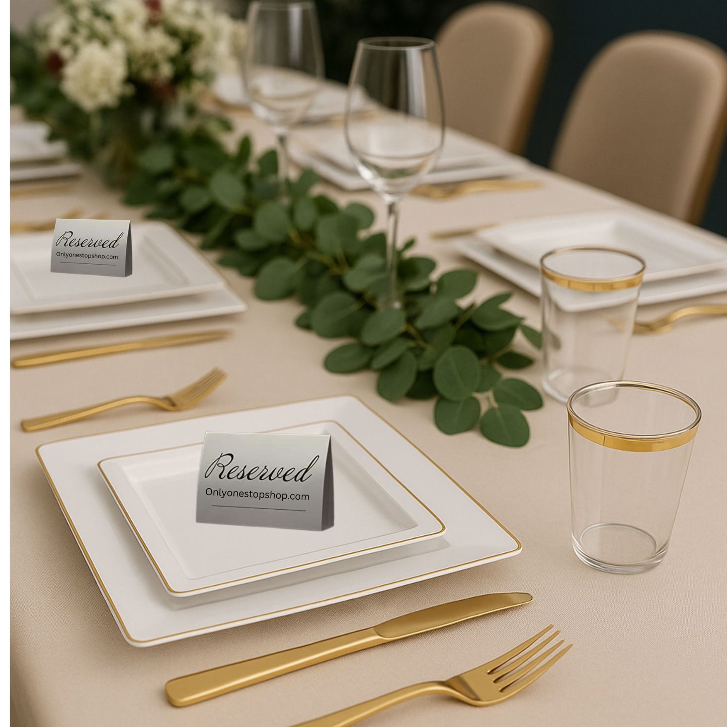 COMBO SET The Edge Collection 10.75" & 7.75" Square White With Gold Rim Plastic Dinnerware Combo Disposable Plates SIMCHA Collection