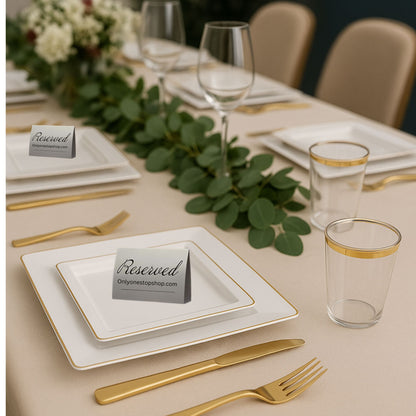 COMBO SET The Edge Collection 10.75" & 7.75" Square White With Gold Rim Plastic Dinnerware Combo Disposable Plates SIMCHA Collection