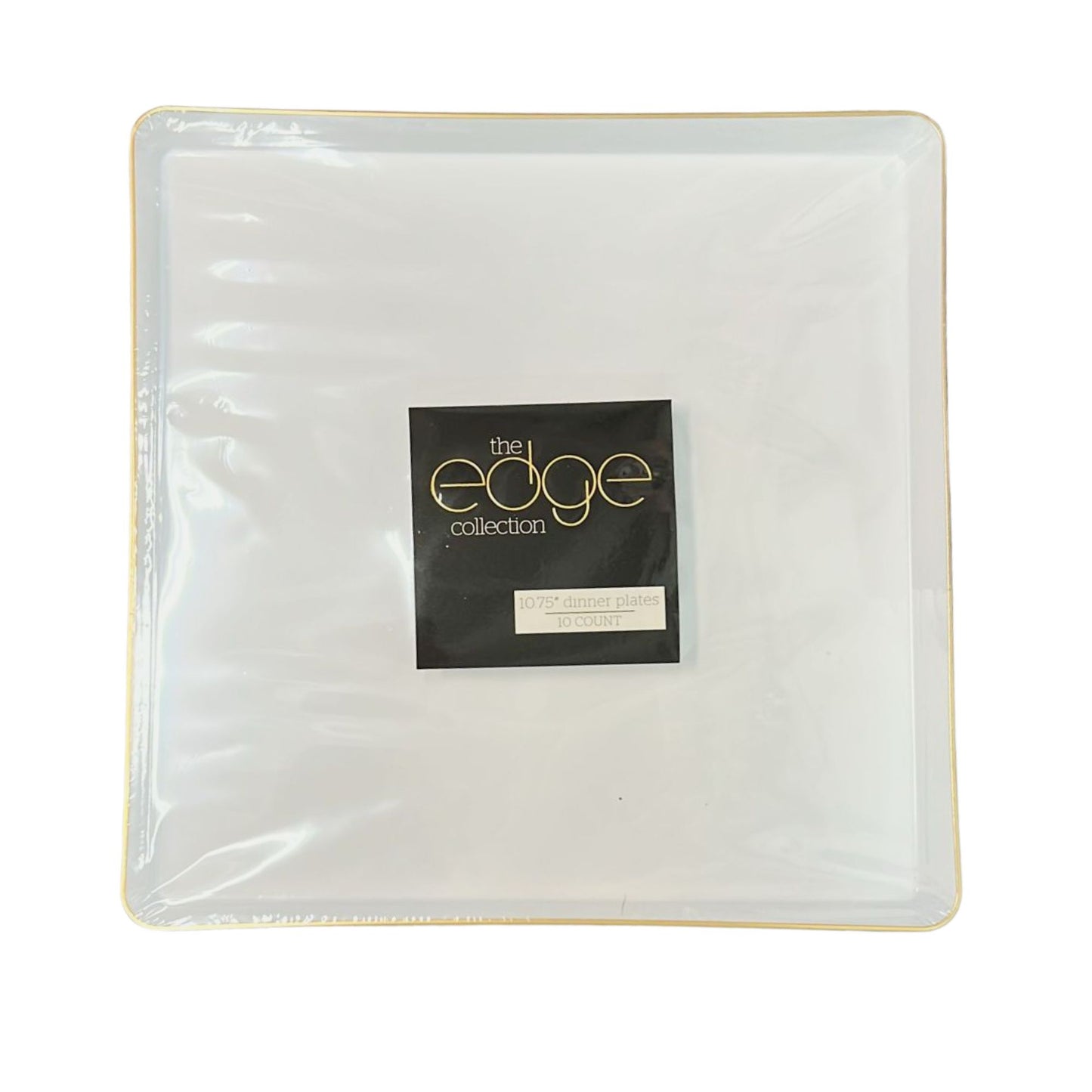 The Edge Collection 10.75" Transparent White with Gold Rim Square Plastic Dinner Plates Disposable Plates SIMCHA Collection
